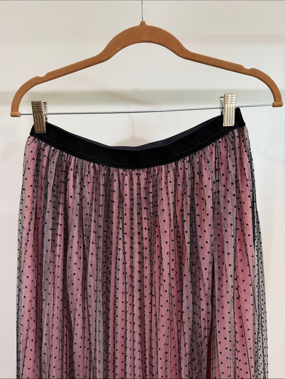 Zara Pink Lined Midi Skirt with Black Polka Dot Overlay - Picture 7 of 7